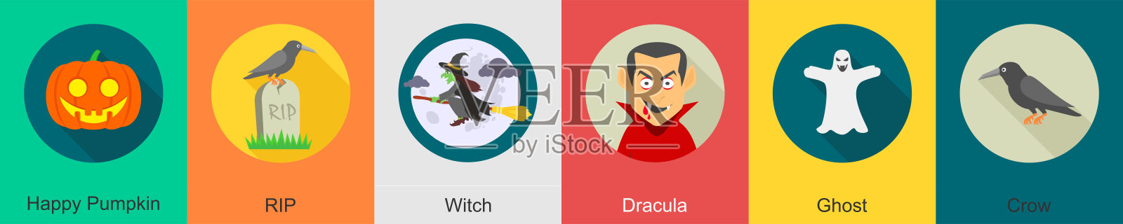 一套6万圣节的图标作为快乐的南瓜，撕裂，女巫插画图片素材