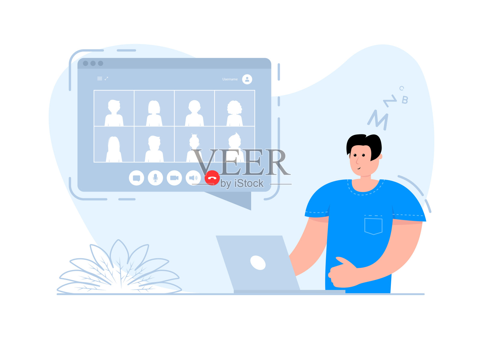 一名男子站在智能手机旁边，屏幕上显示视频会议和在线交流。视频电话。插画图片素材