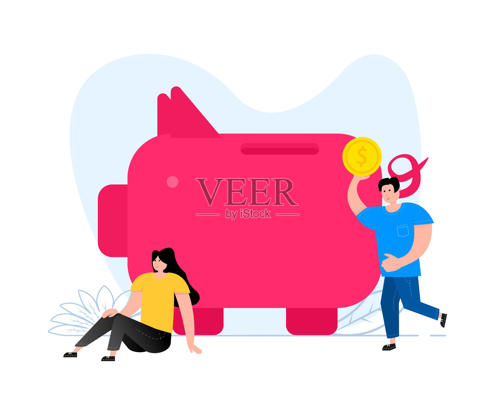 一个男人和一个女人站在一个储蓄罐旁边。财政预算。省钱或现金返还插画图片素材