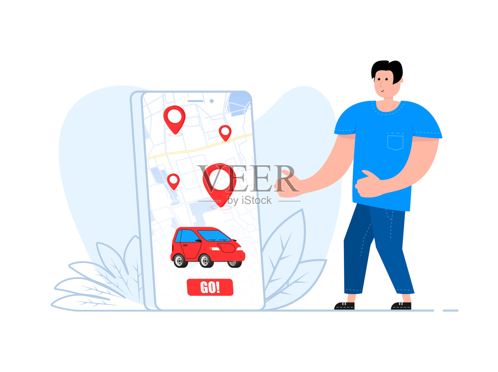 一名男子站在智能手机旁边，屏幕上显示着汽车共享和租赁服务。手机应用订车。插画图片素材