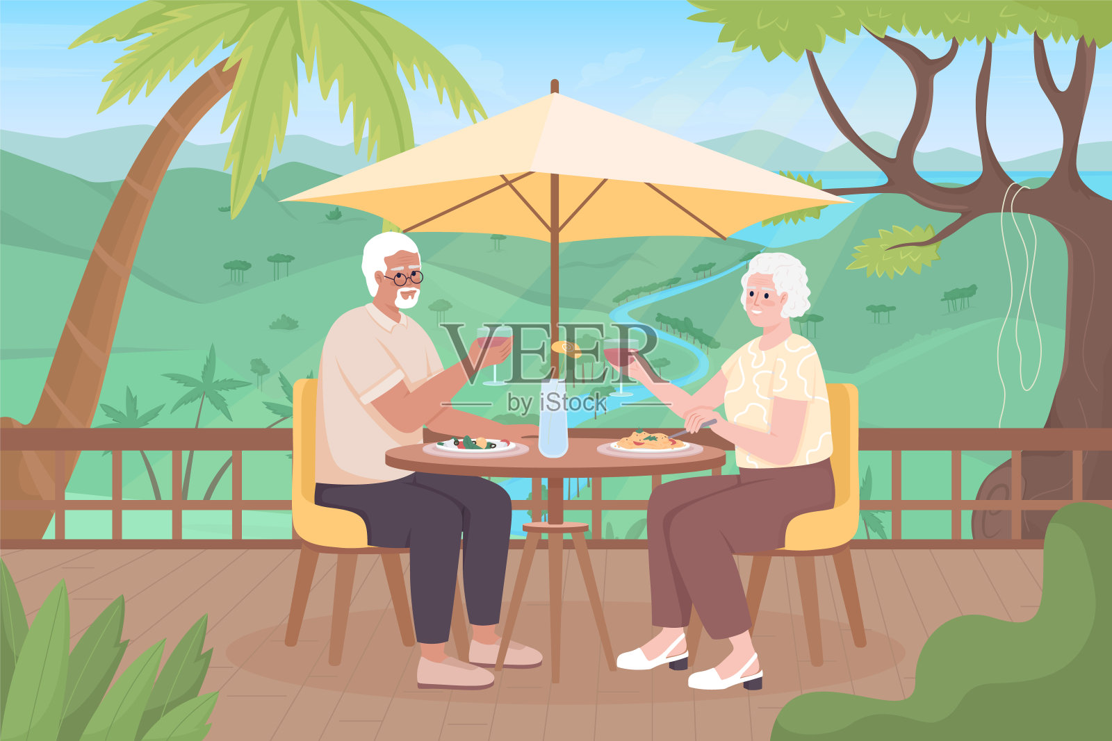 老夫妇在热带度假胜地平面彩色矢量插图插画图片素材