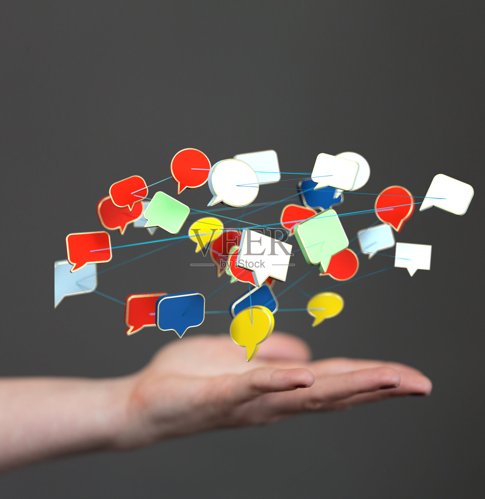 显示消息气泡虚拟投影的人照片摄影图片