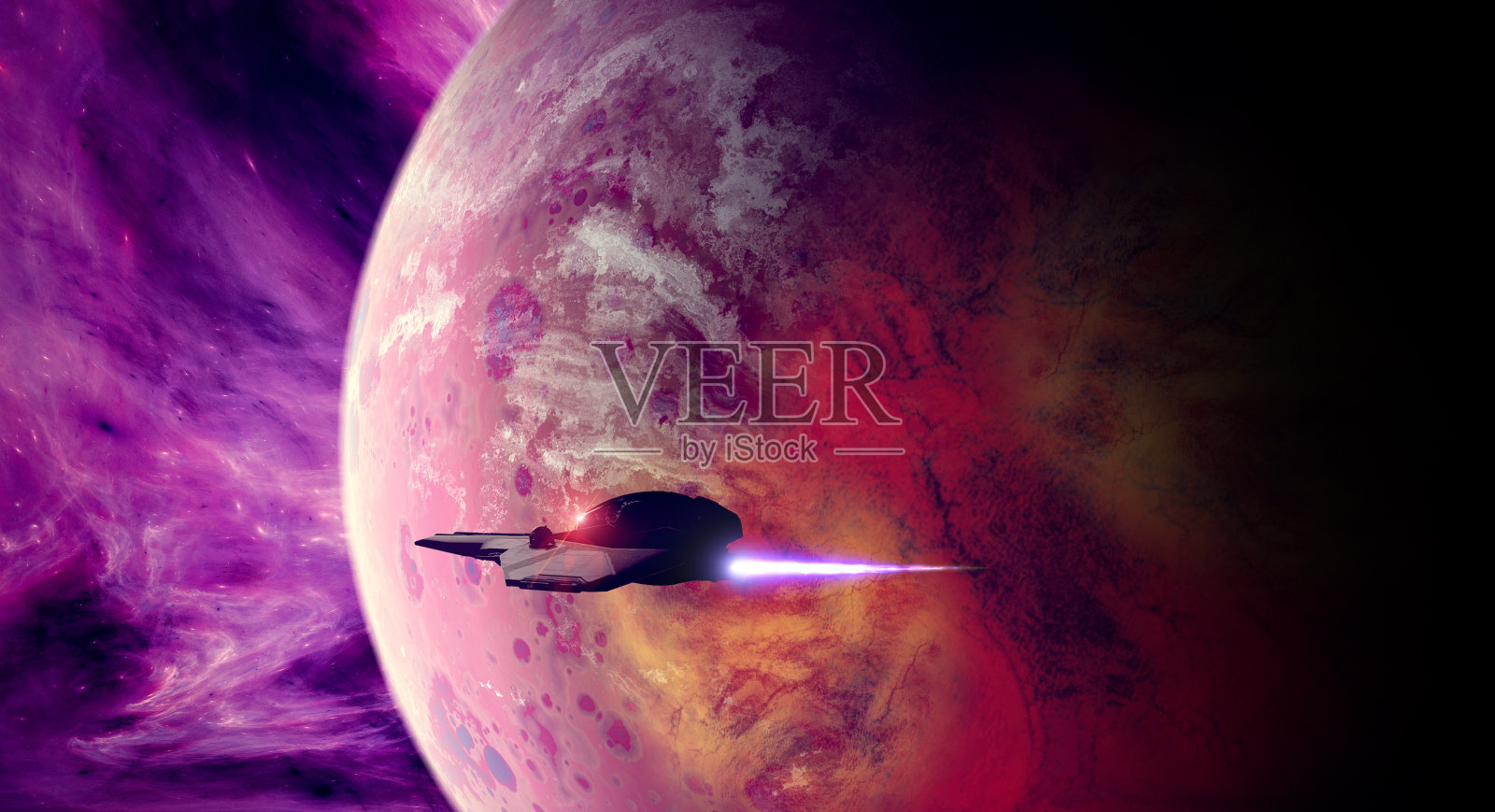 绕另一个星系的行星运行的飞船。系外行星和其他维度的世界。科幻小说照片摄影图片