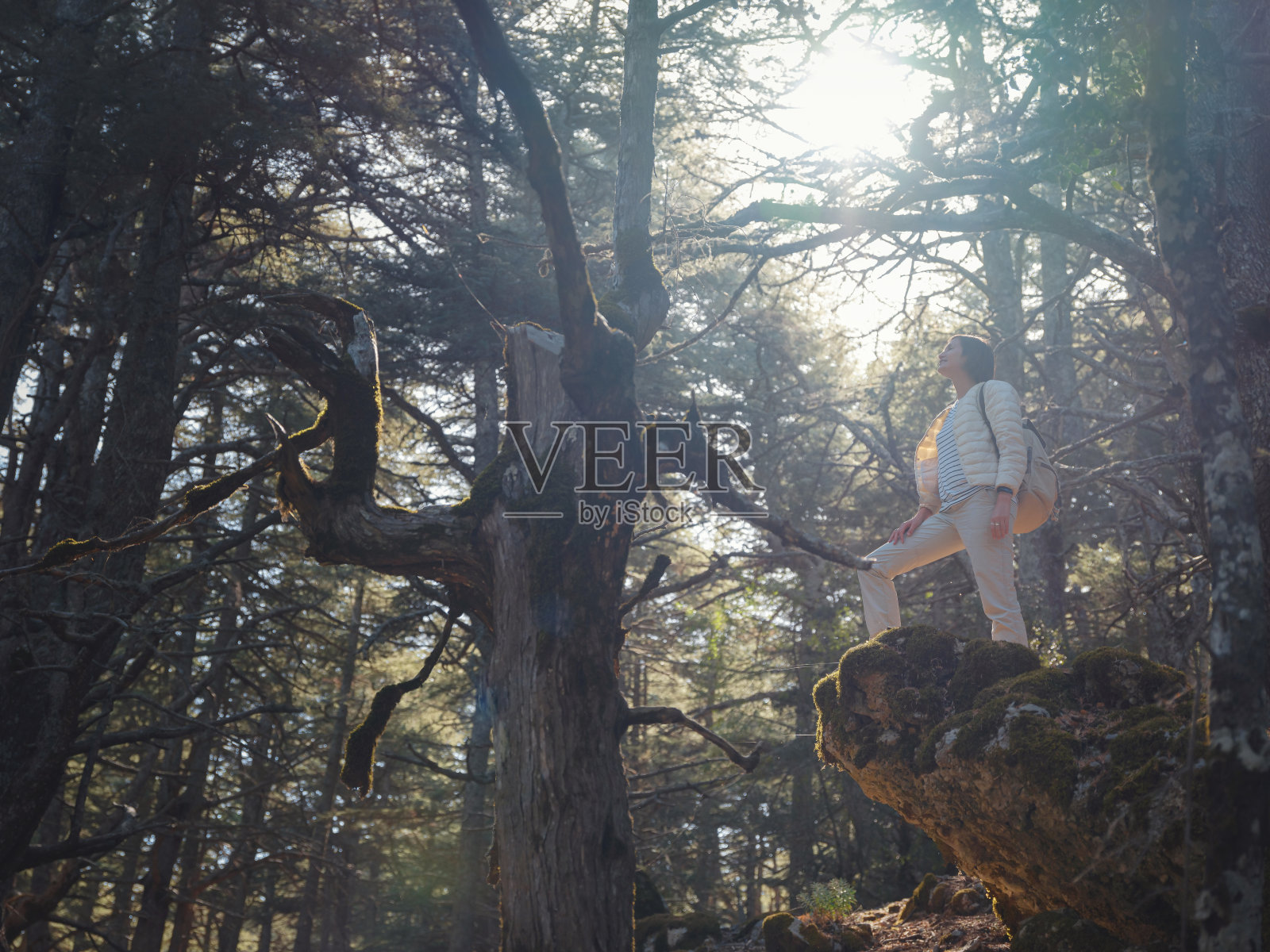女人享受自然，山林秀美照片摄影图片