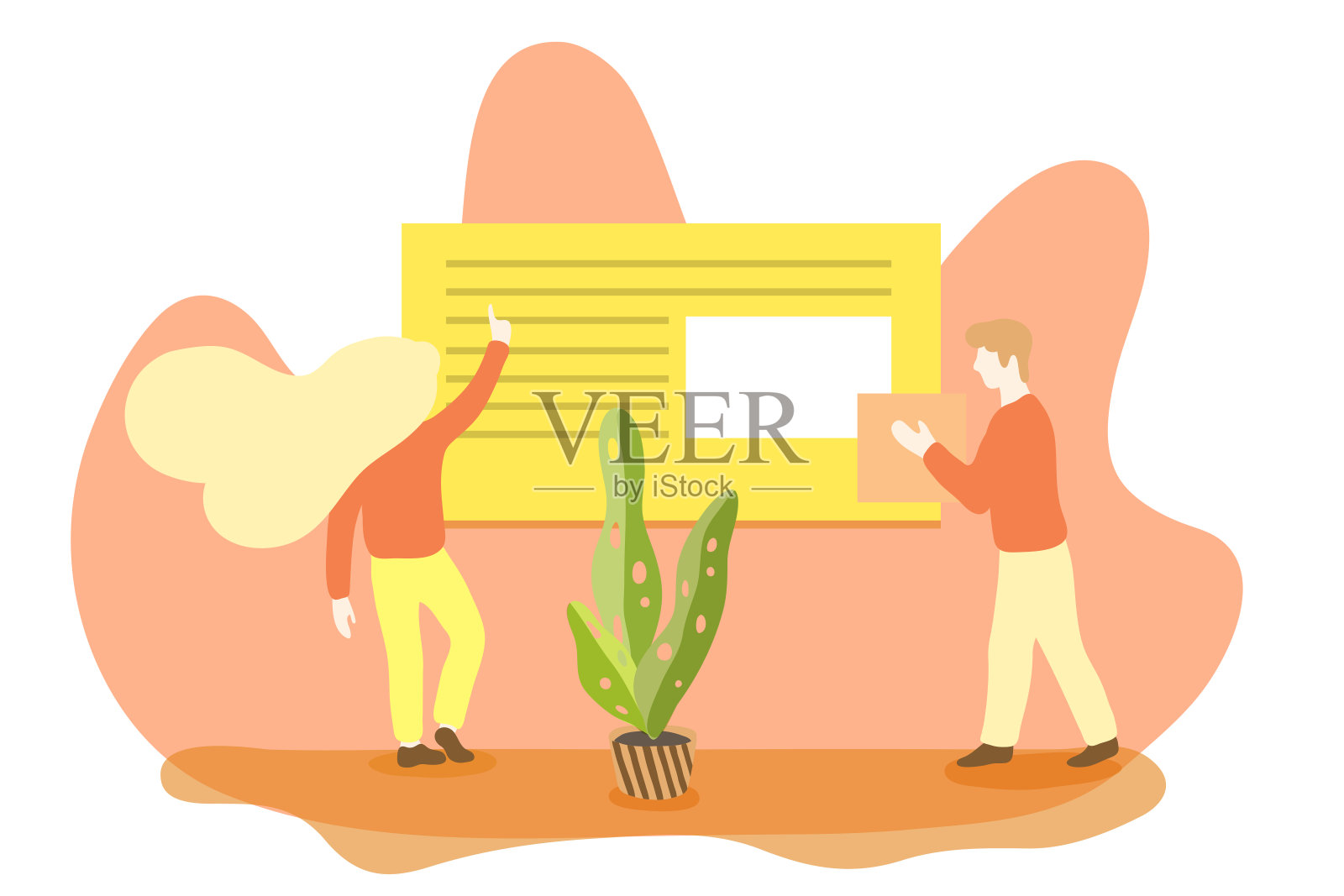 一个卡通风格的男人和一个女人正在进行团队合作。一个女人用手指指着信息板，一个男人拿着一个盒子。矢量业务说明插画图片素材