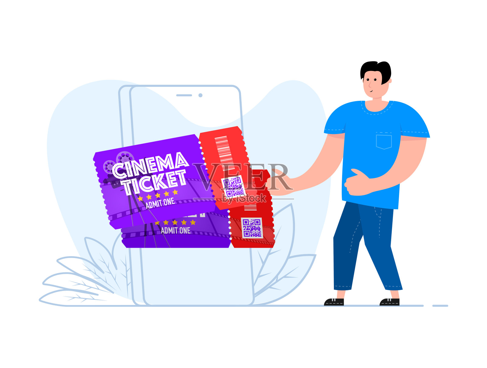 一个男人站在智能手机旁边，屏幕上显示着电影电影票。承认过去。承认一个插画图片素材