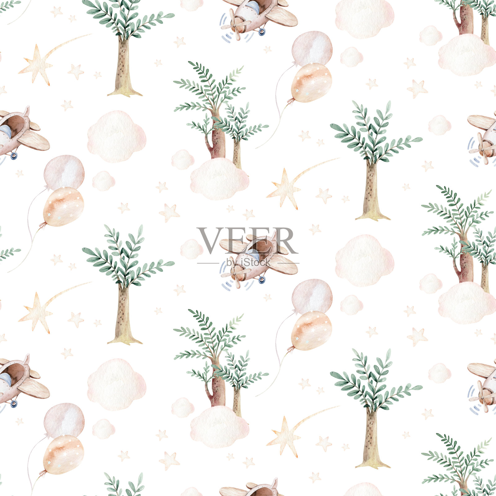 水彩飞机孩子无缝模式。水彩玩具背景宝宝卡通可爱的飞行员河马，斑马带河马，航空狮子空中运输机，白云。插画图片素材