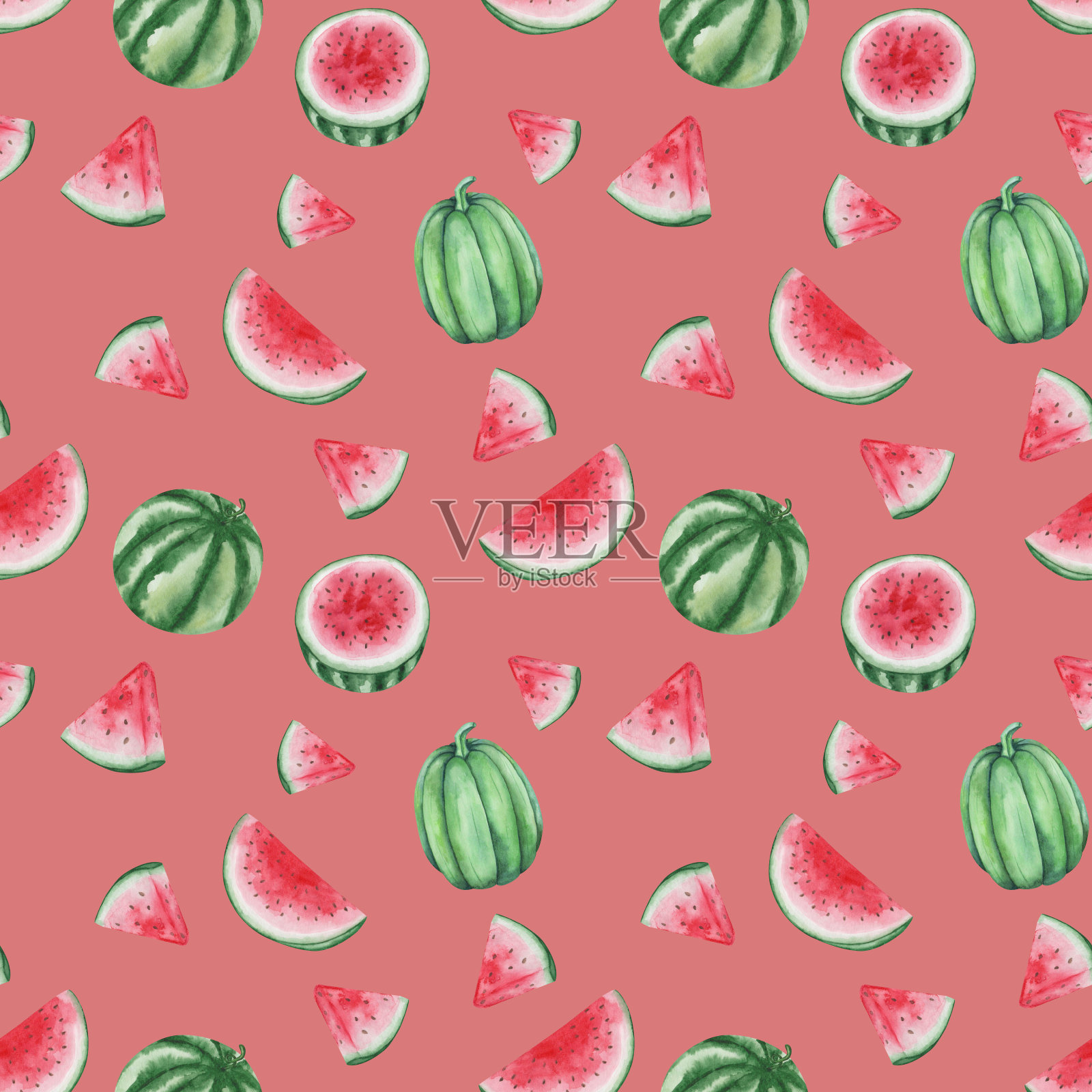 水彩无缝图案。手绘插图的绿色，红色西瓜黑籽切成两半，切片。夏天的水果，甜甜的浆果。印刷在红色背景织物纺织，包装设计元素图片