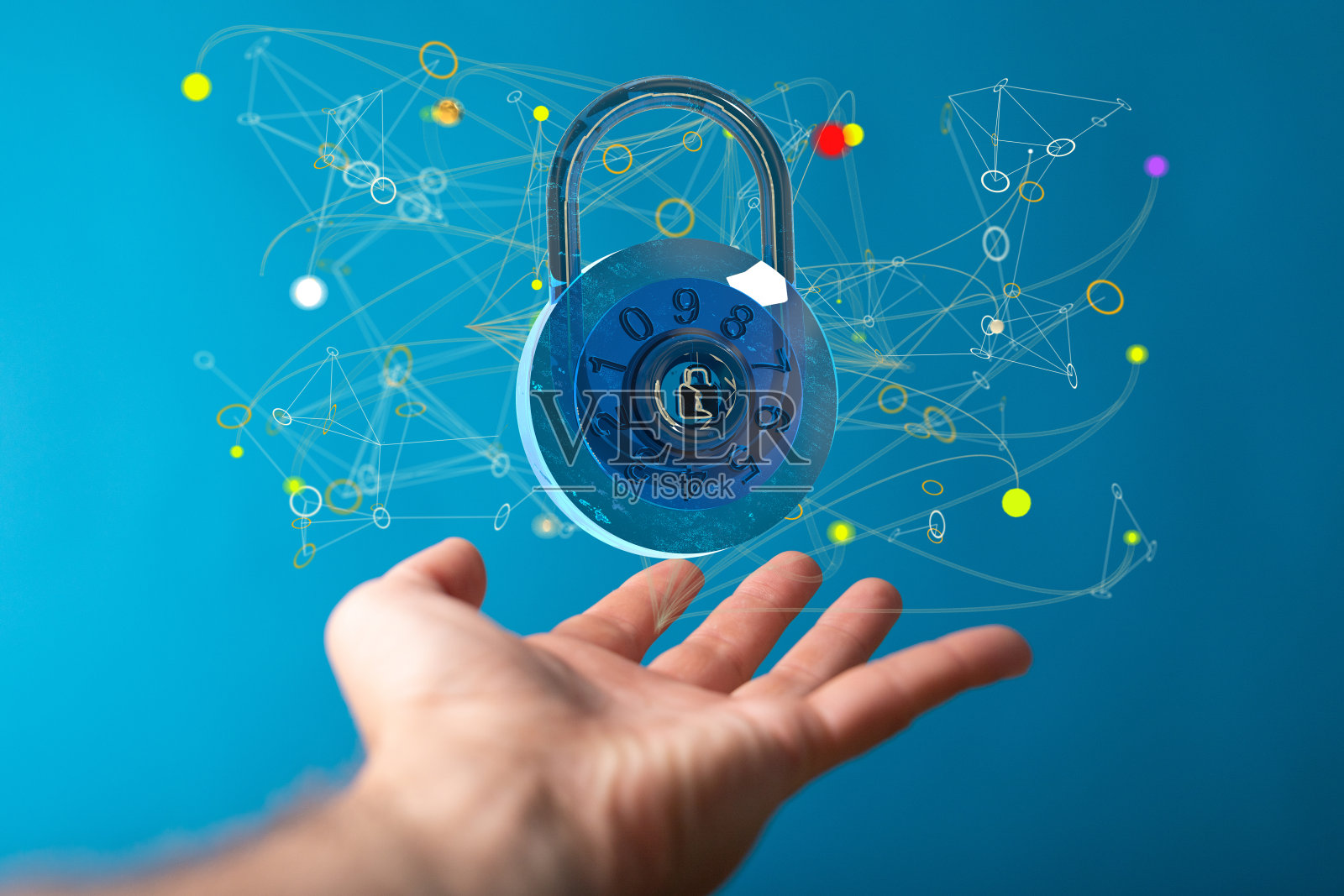 漂浮在男性手上的3D挂锁-网络安全概念照片摄影图片