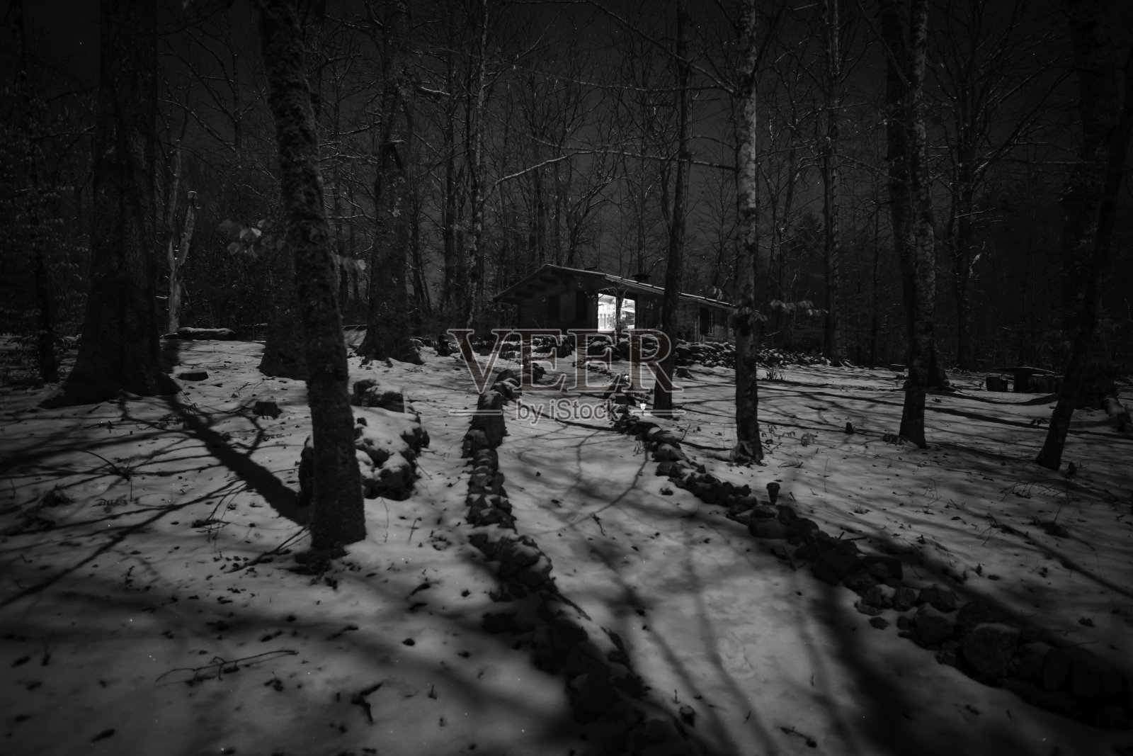 森林中树木环绕的雪山上的木屋的灰度图照片摄影图片