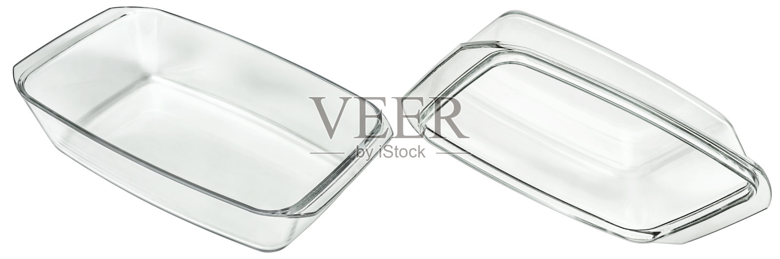 长方形透明玻璃砂锅烤盘，其盖子在白色背景上隔离照片摄影图片