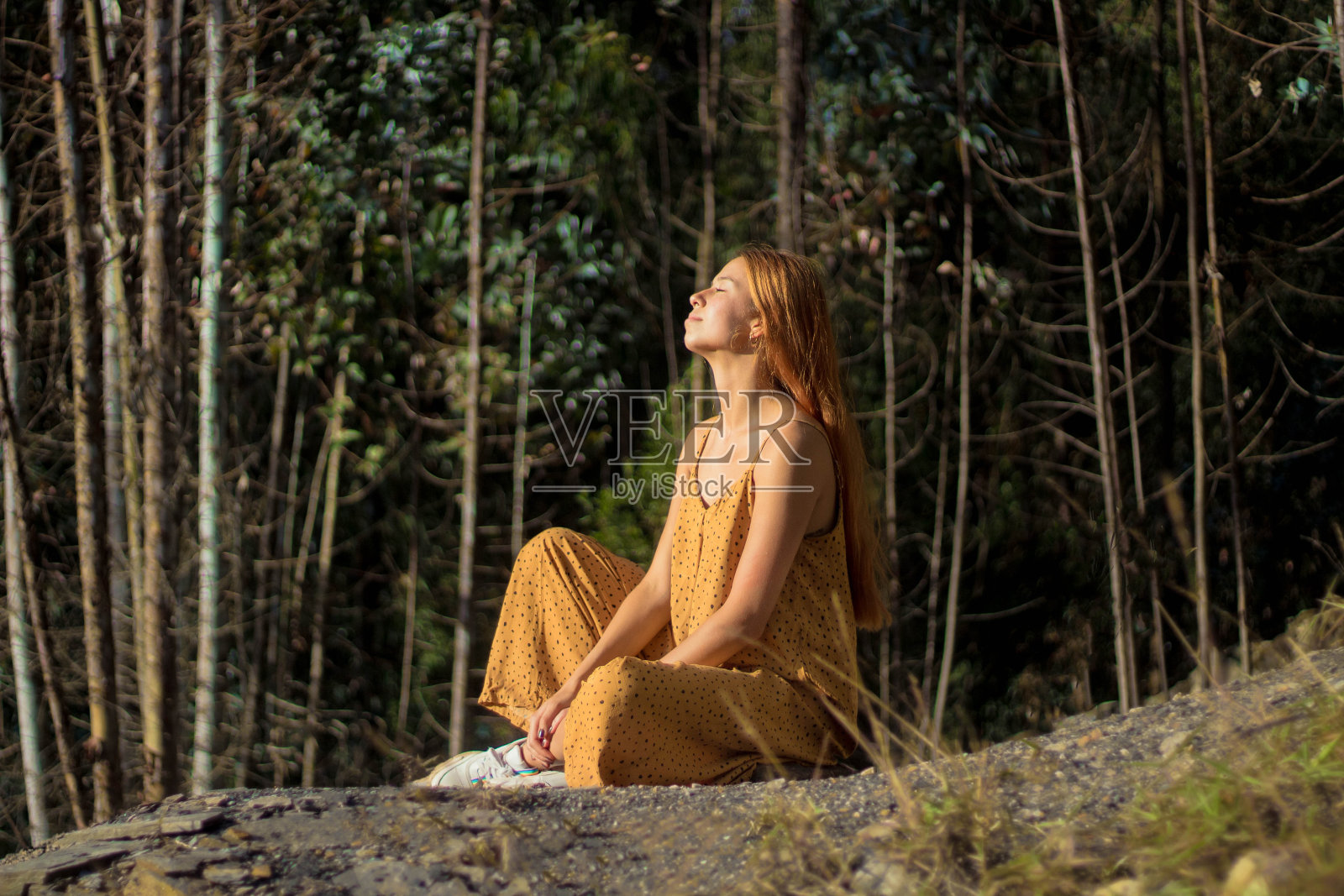 一个穿着漂亮裙子的年轻女人在公园里照片摄影图片