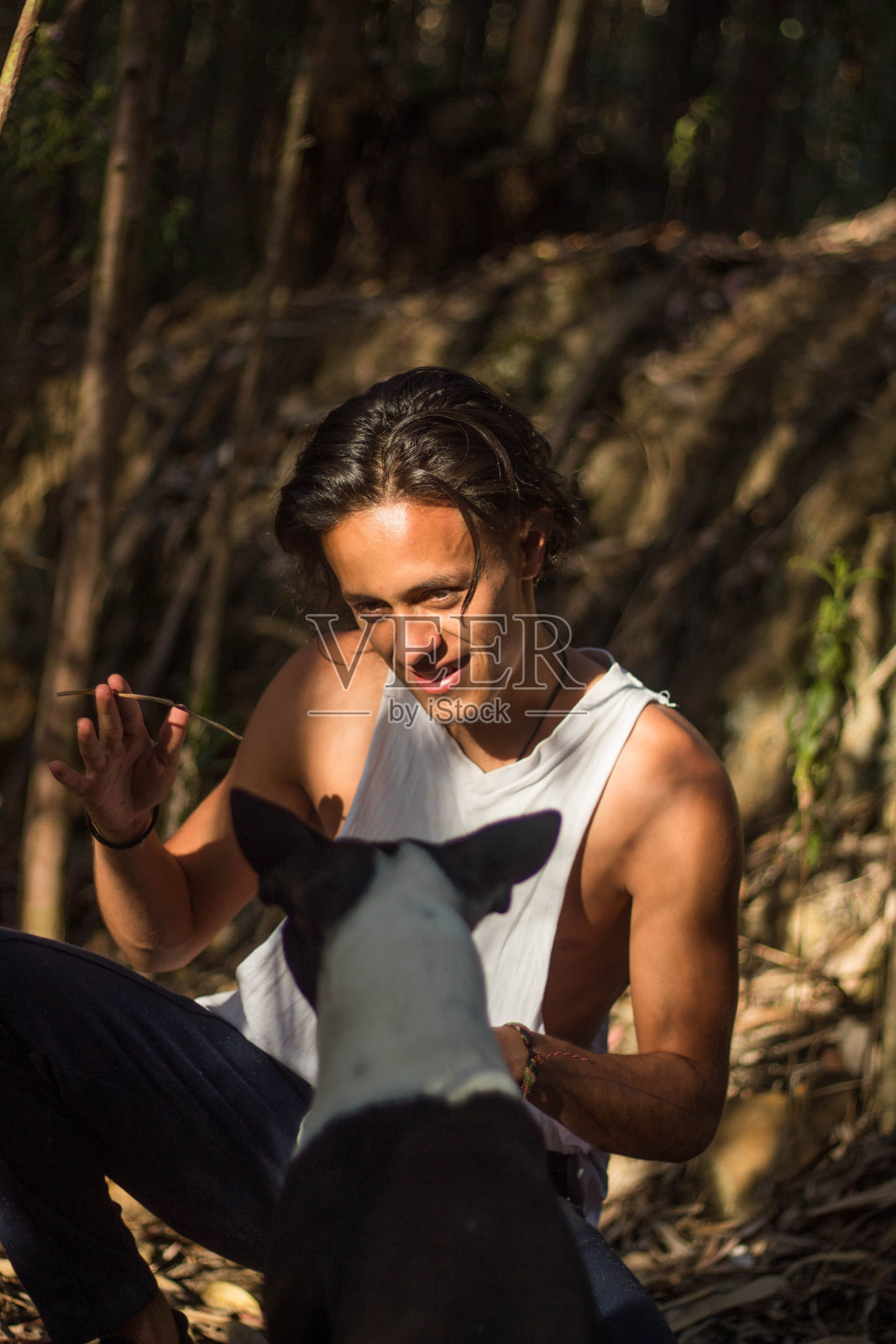 垂直浅聚焦特写一个男人玩狗在户外照片摄影图片