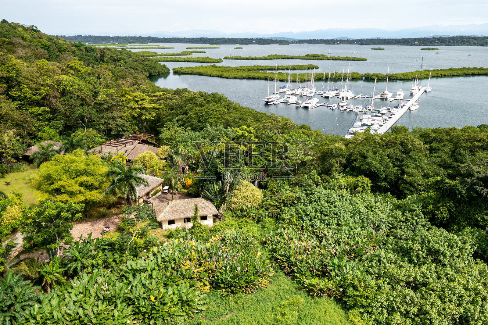 巴拿马。热带岛屿鸟瞰图。狂野的海岸线，郁郁葱葱的异国情调的绿色丛林。巴斯蒂门托斯岛，博卡斯德尔托罗，中美洲，巴拿马。照片摄影图片