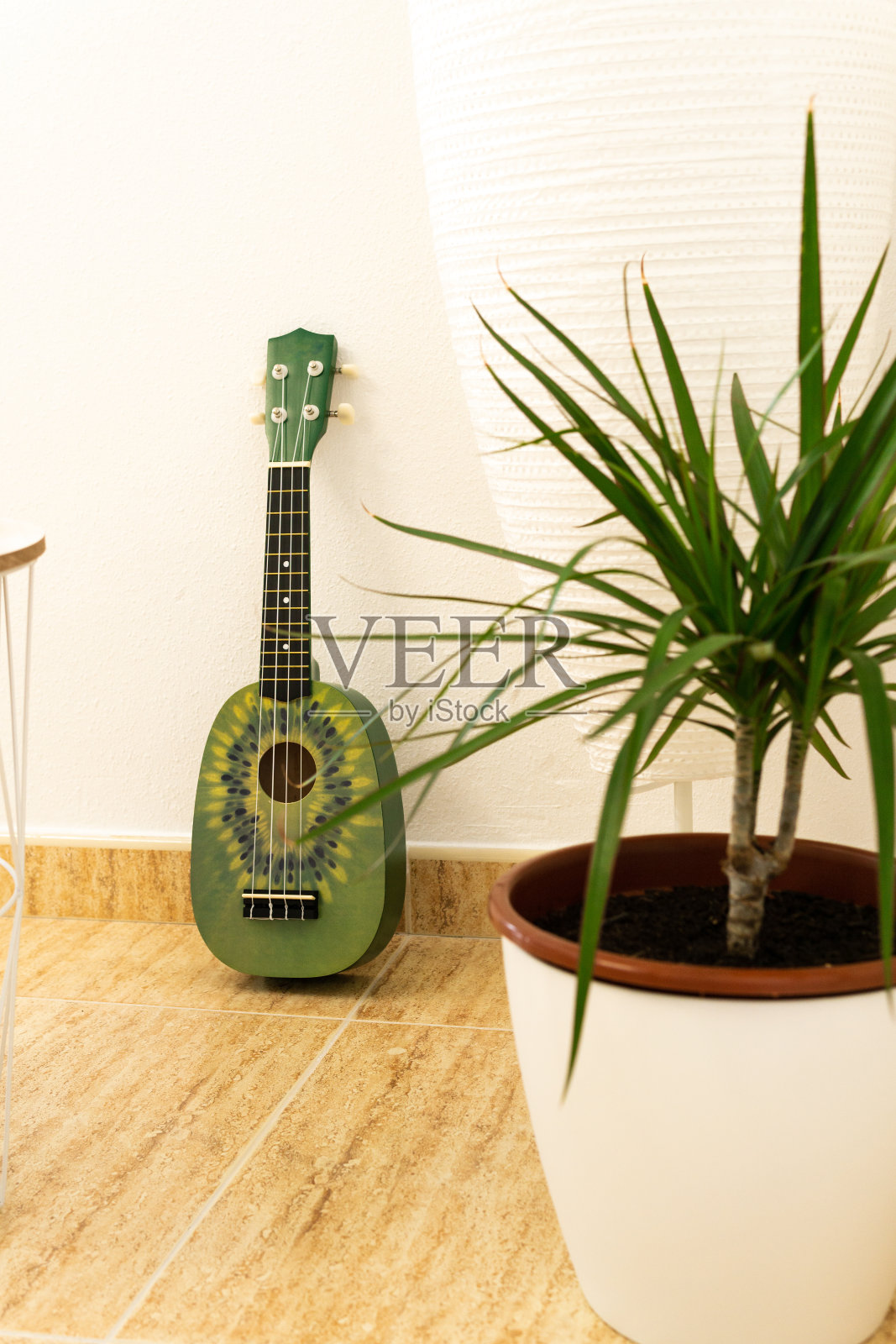 绿色的尤克里里，上面画着奇异果，放在客厅或现代画室里照片摄影图片