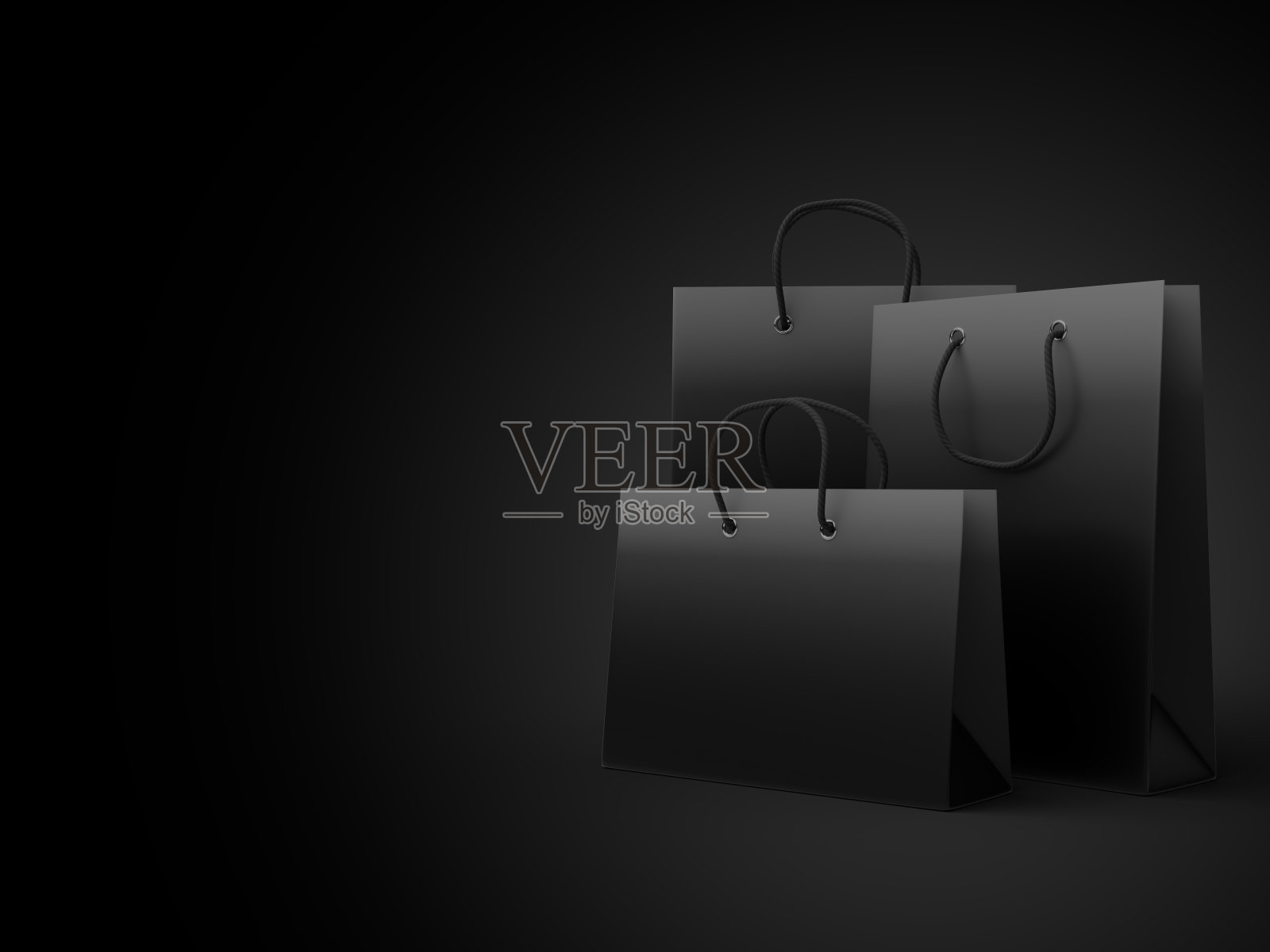 集豪华光滑的购物袋在黑色背景上的黑色梯度与复制空间，3d渲染插图与剪辑路径照片摄影图片