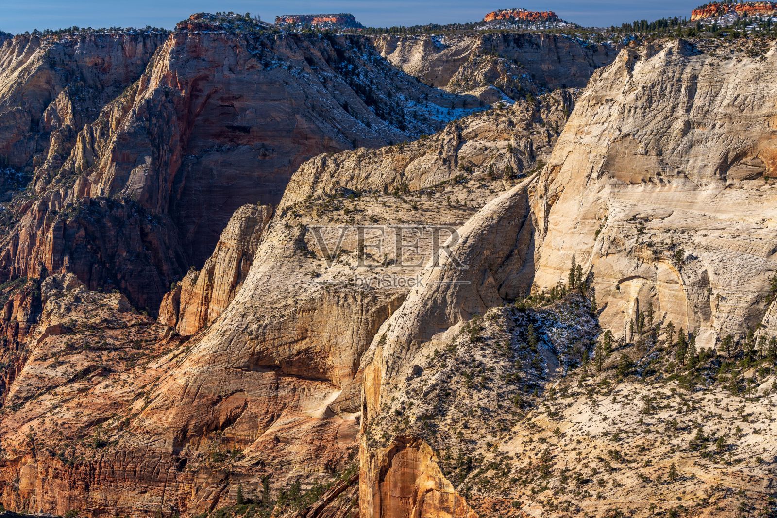 在美国犹他州锡安国家公园的观察点，红色岩层的美丽景色照片摄影图片