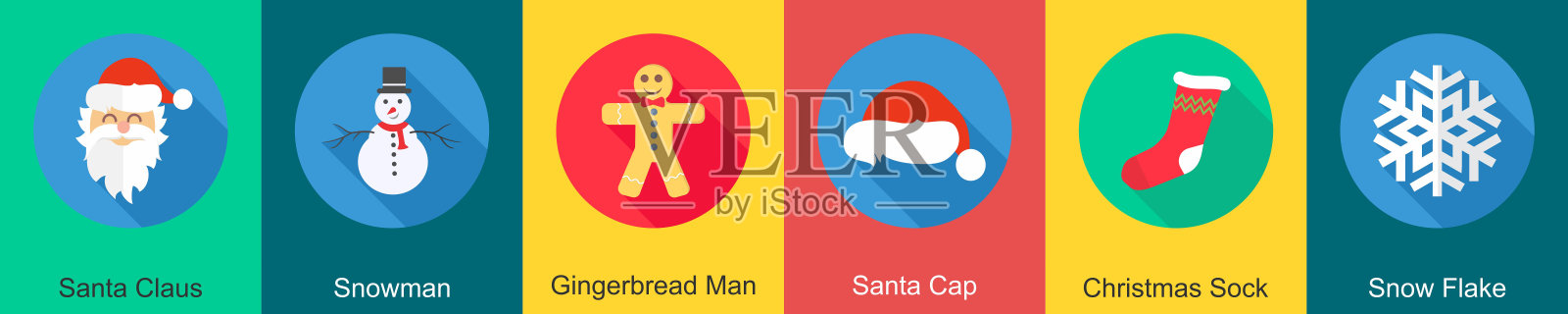 一套6个圣诞形象，如圣诞老人，雪人，姜饼人插画图片素材