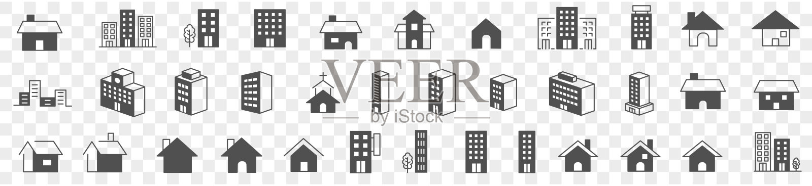 简单的建筑和房屋线图标集图标素材