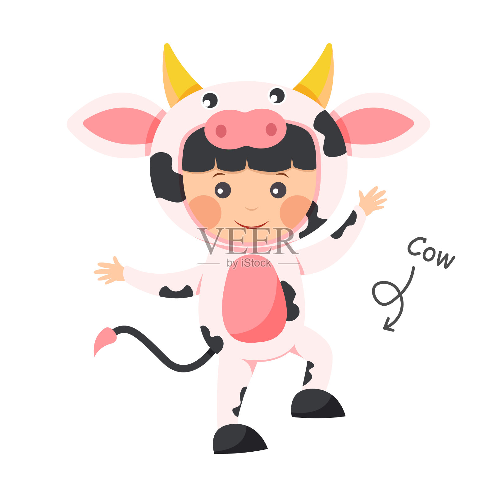快乐的孩子穿着牛的动物服装。向量。插画图片素材
