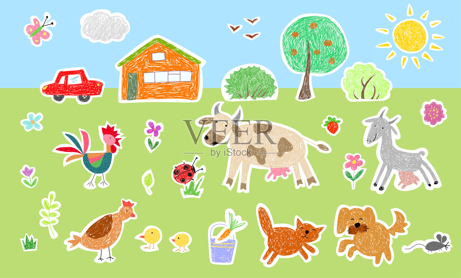 孩子画画。农场动物和鸟类。插画图片素材