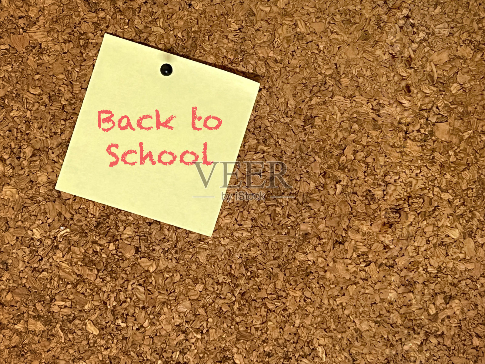 回到学校的话在黄色的粘钉便签上照片摄影图片