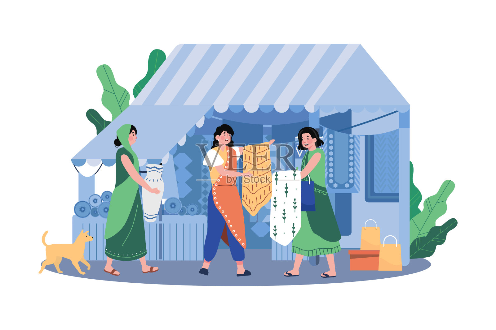 印度妇女在莎丽和珠宝服装上出售传统面料排灯节插画图片素材