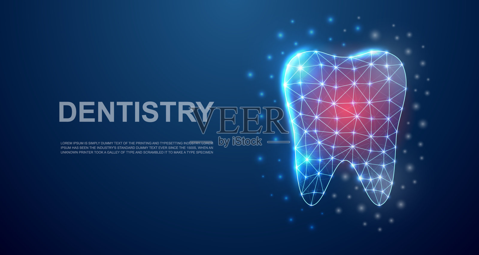 牙齿三维低聚符号与疼痛中心为登陆页。牙痛，牙科，牙科设计概念。多边形口腔图。插画图片素材