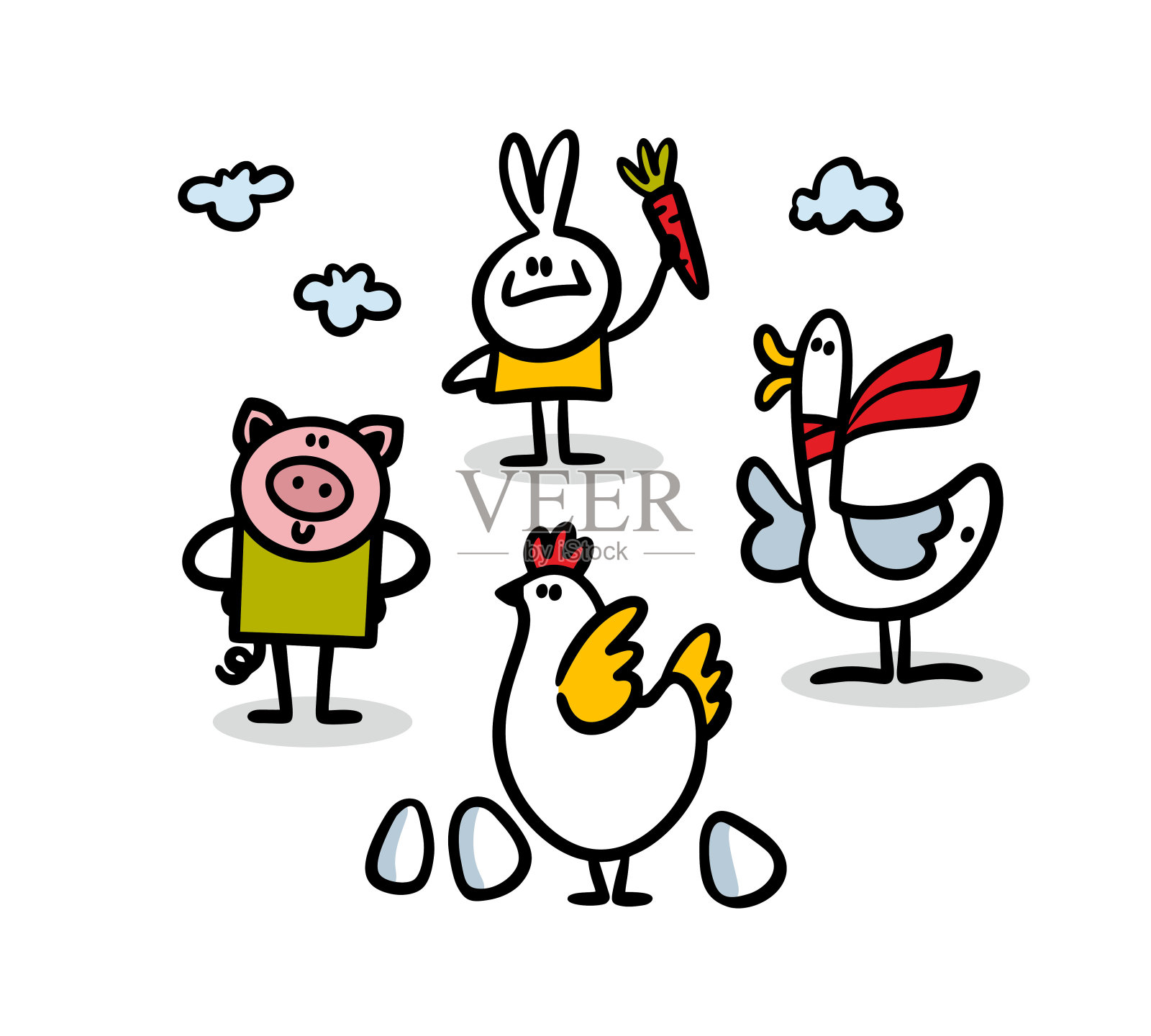 一套可爱的卡通农场动物，如鹅，兔子，猪和鸡。插画图片素材
