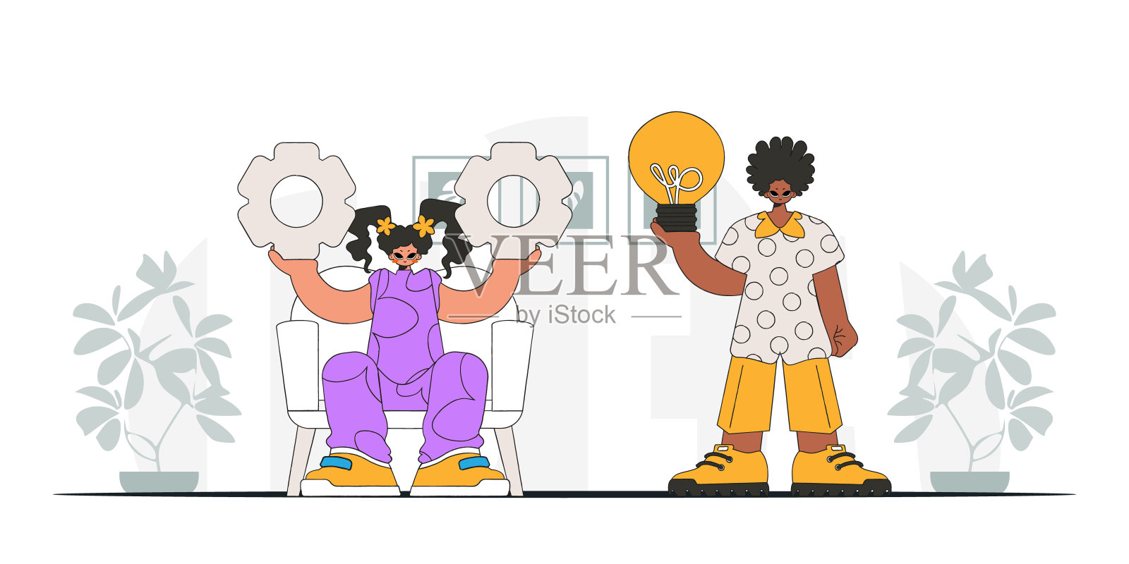 一个优雅的团队解决问题并产生想法。灯泡和齿轮在他们的手中。思想的主题。复古潮流风格。插画图片素材