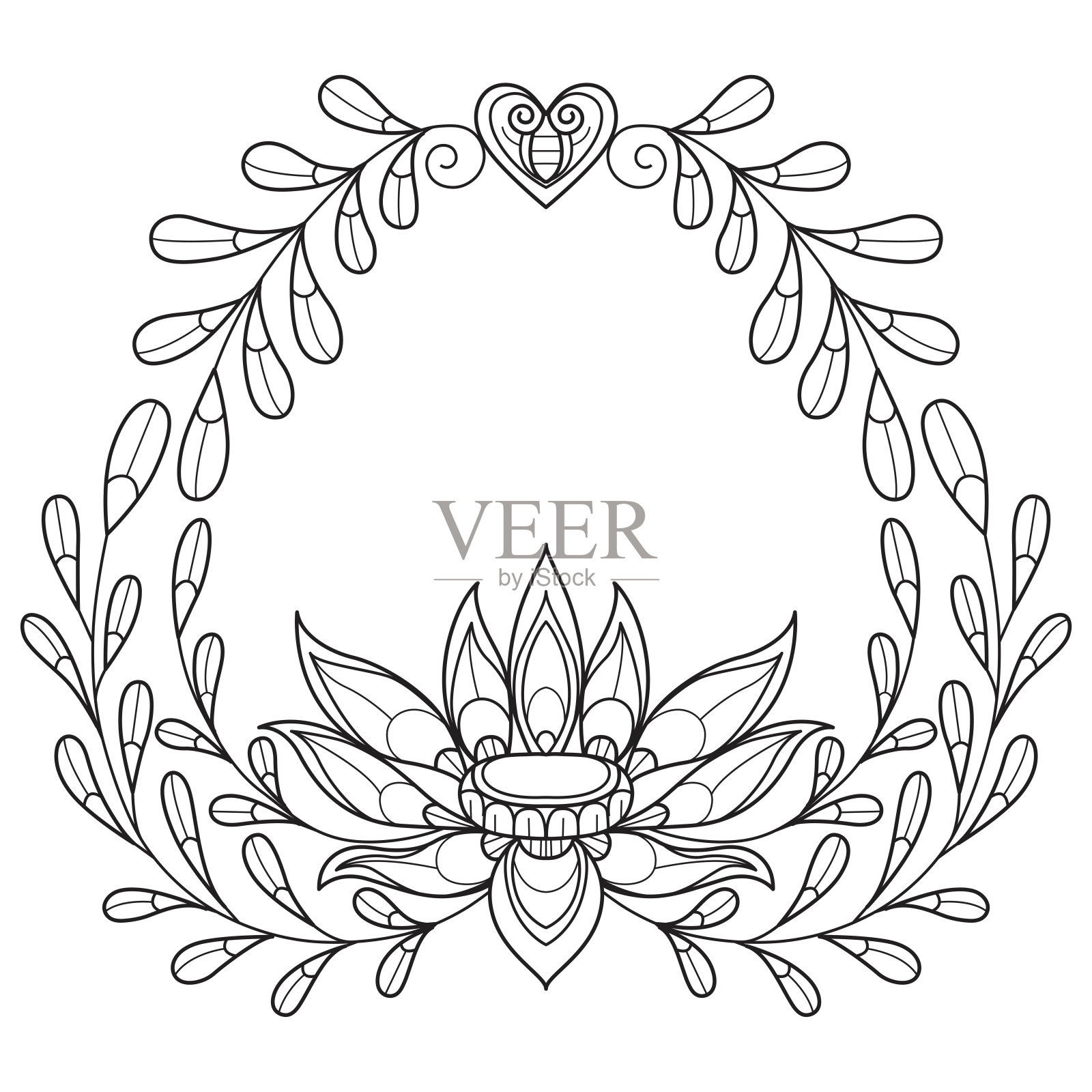花圈手绘，黑白线条图案。插画图片素材