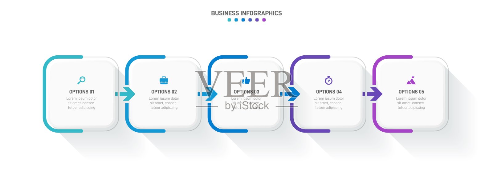 时间轴信息图与信息图表。现代表示模板与5 spets业务流程。网站模板在白色背景的概念现代设计。横向布局。插画图片素材