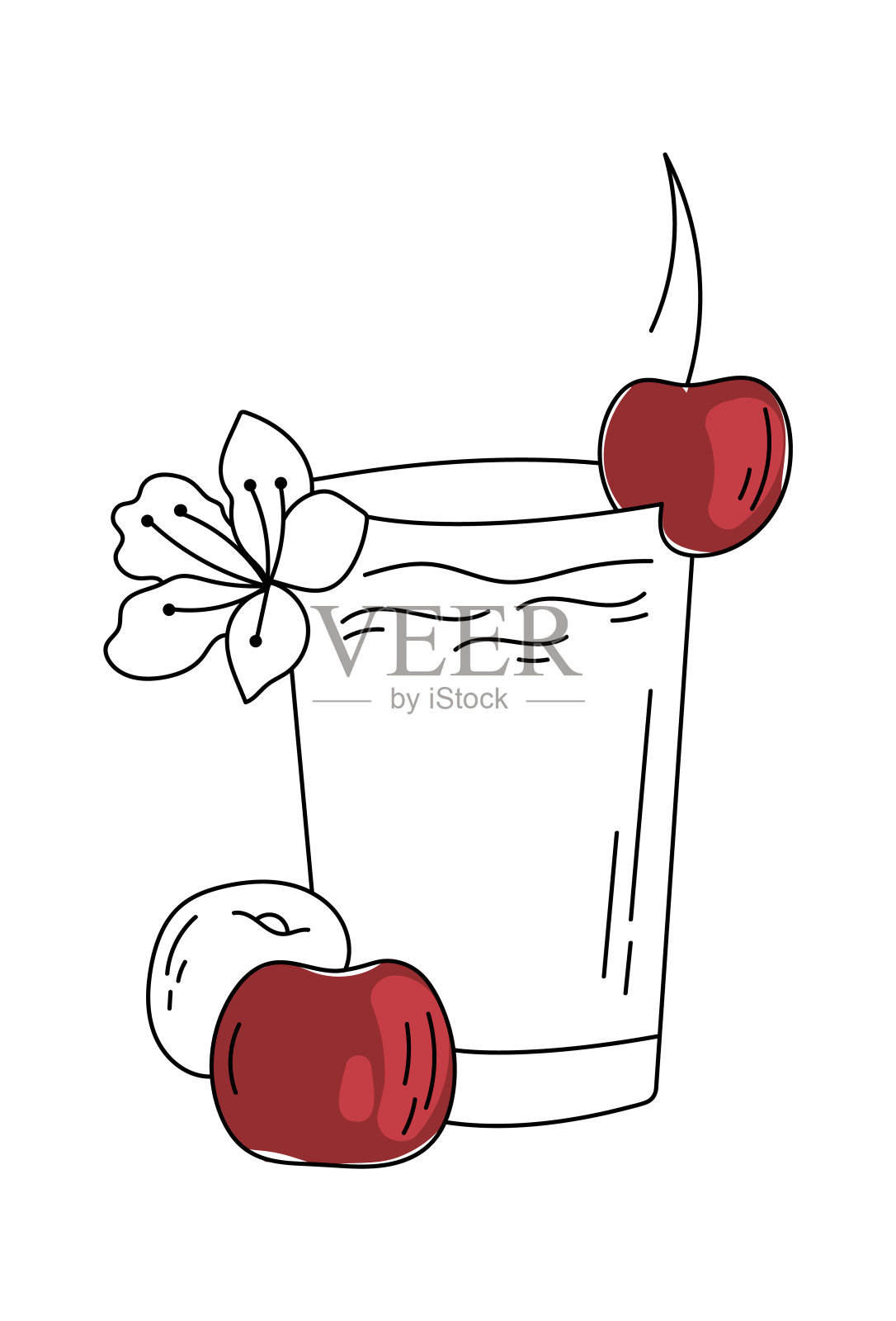 樱桃汁在玻璃杯里，浆果线条艺术插画图片素材