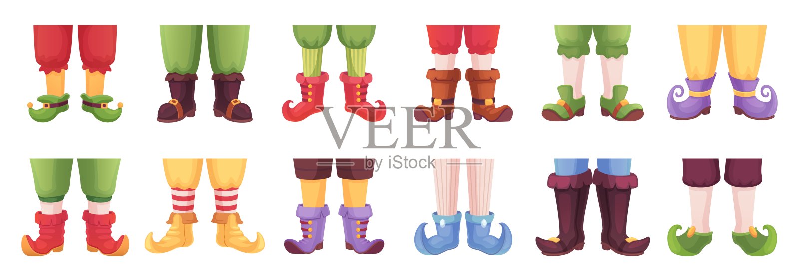 Gnome的腿。精灵脚在狂欢节裤子，小精灵或女巫脚鞋卡通矮人靴子搞笑条纹袜子，精灵女巫腿为节日精灵巧妙矢量插图设计元素图片