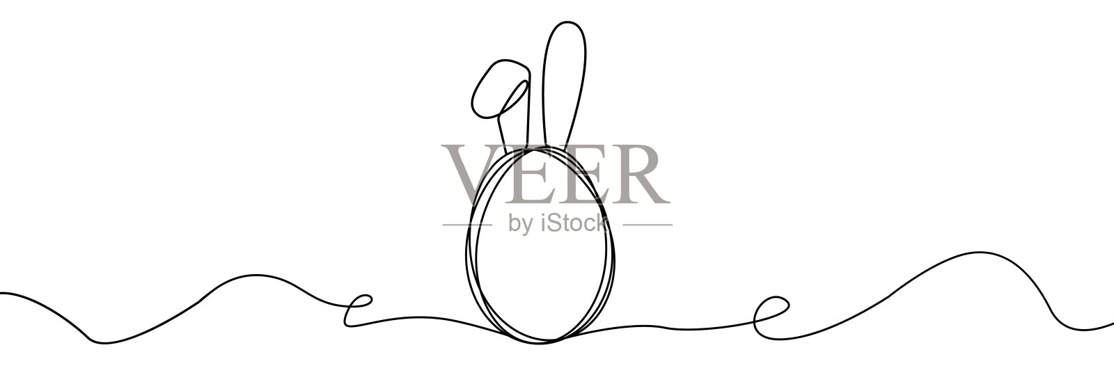 复活节兔子耳朵上有彩蛋连续的线条。彩蛋一线画。连续线条绘制简单的鸡蛋。向量轮廓彩蛋。复活节快乐的概念。插画图片素材