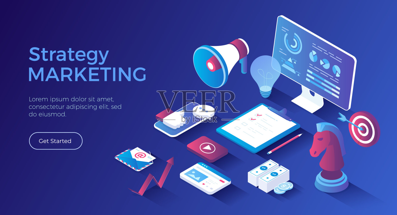 营销策略。创业，实现公司目标，事业成功。商业计划，组织，分析。等距着陆页。矢量网络横幅。插画图片素材