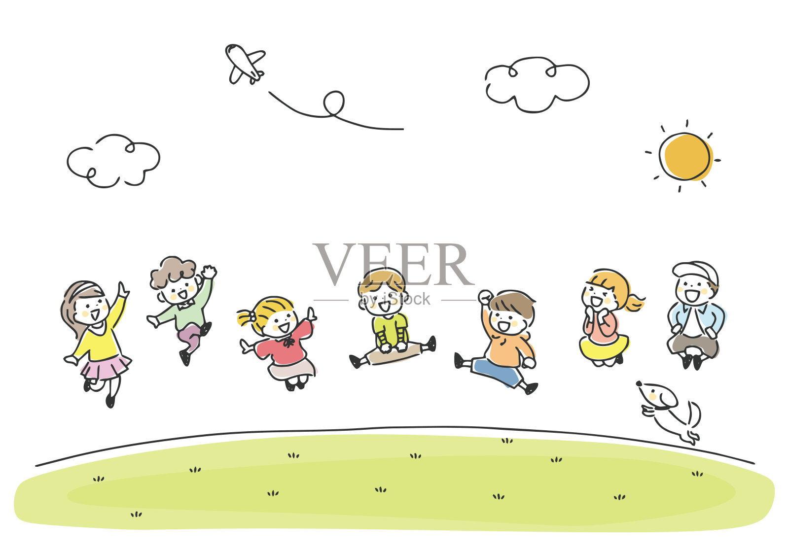 儿童在户外跳跃的插图。插画图片素材