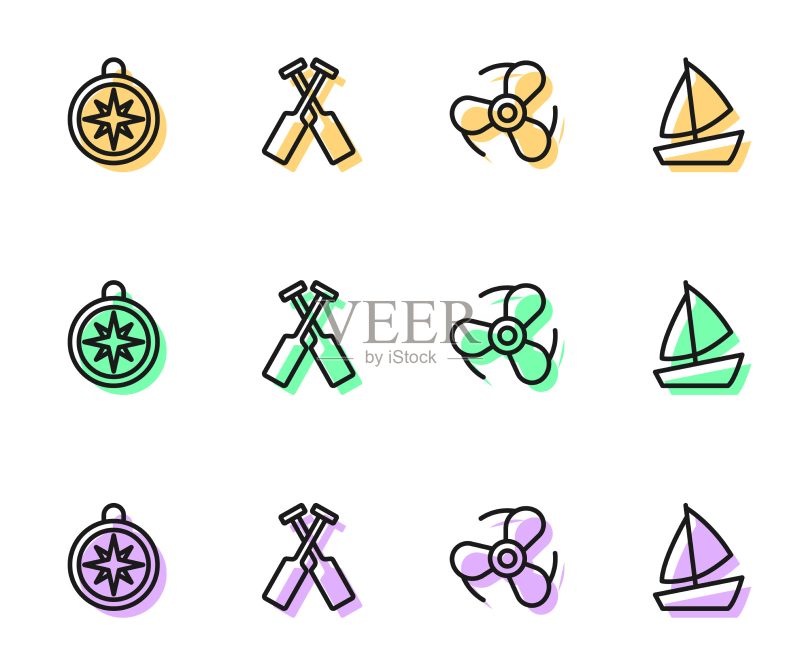 设置线船螺旋桨罗经交叉划桨或图标素材