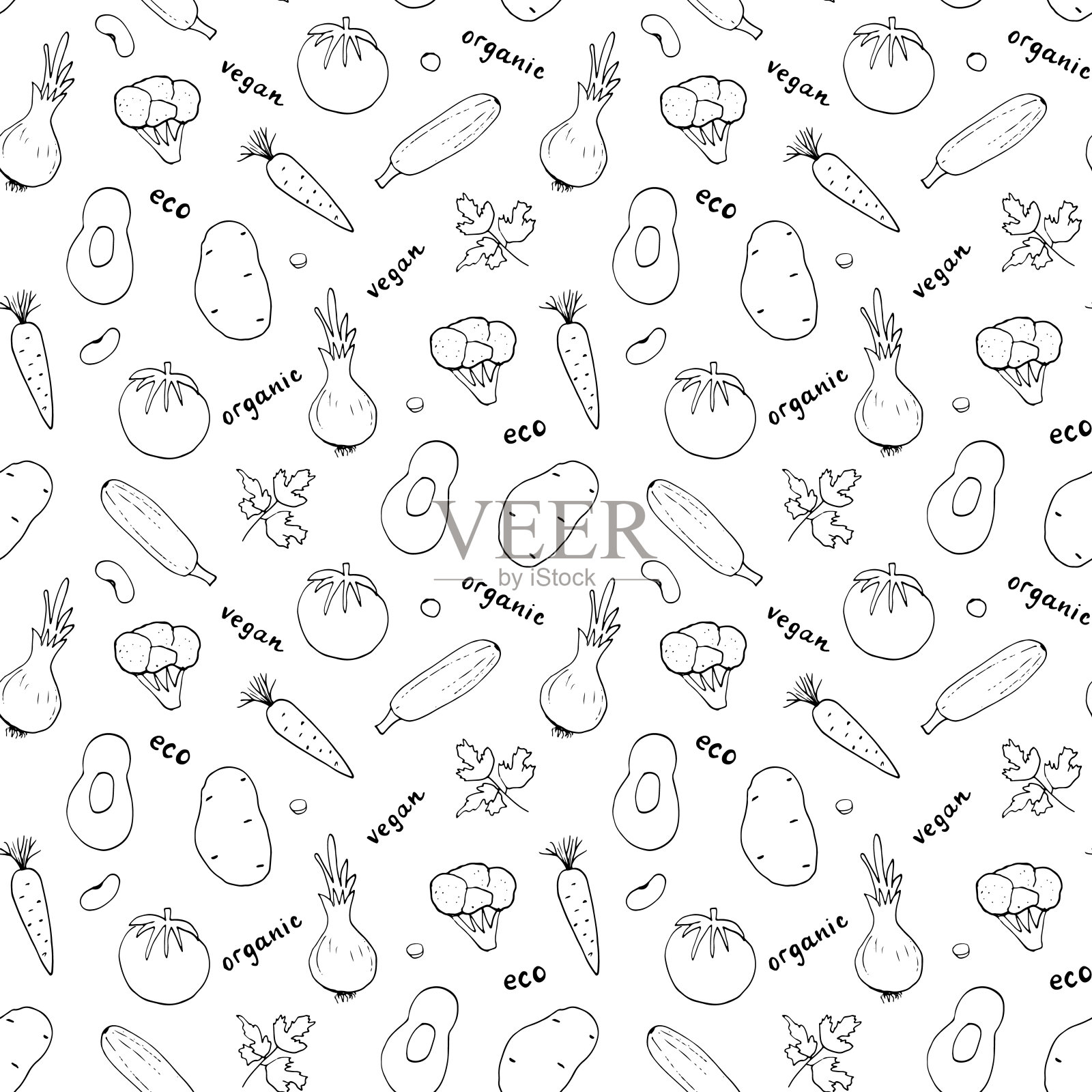 蔬菜花纹无缝。素食健康生物食品背景，素食有机生态产品辣椒，番茄，黄瓜，胡萝卜，土豆，鳄梨，豆类和豌豆。矢量图插画图片素材