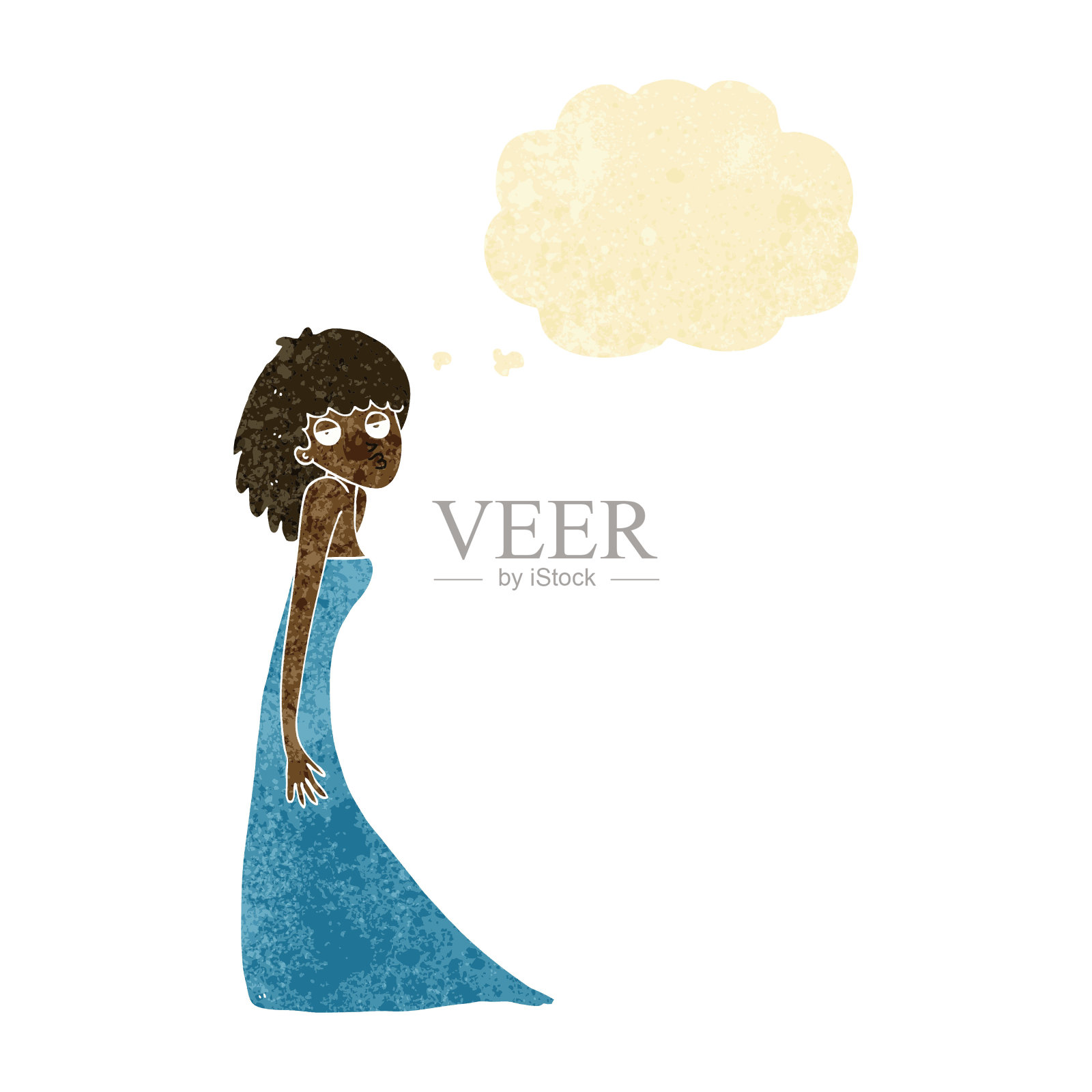 卡通女人拉照片脸与思想泡泡插画图片素材