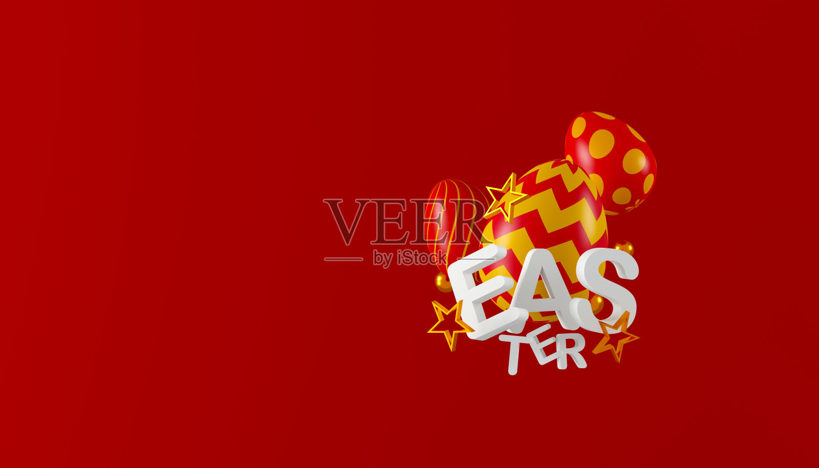 一个红色背景的彩色复活节彩蛋。复活节快乐的概念。三维演示照片摄影图片