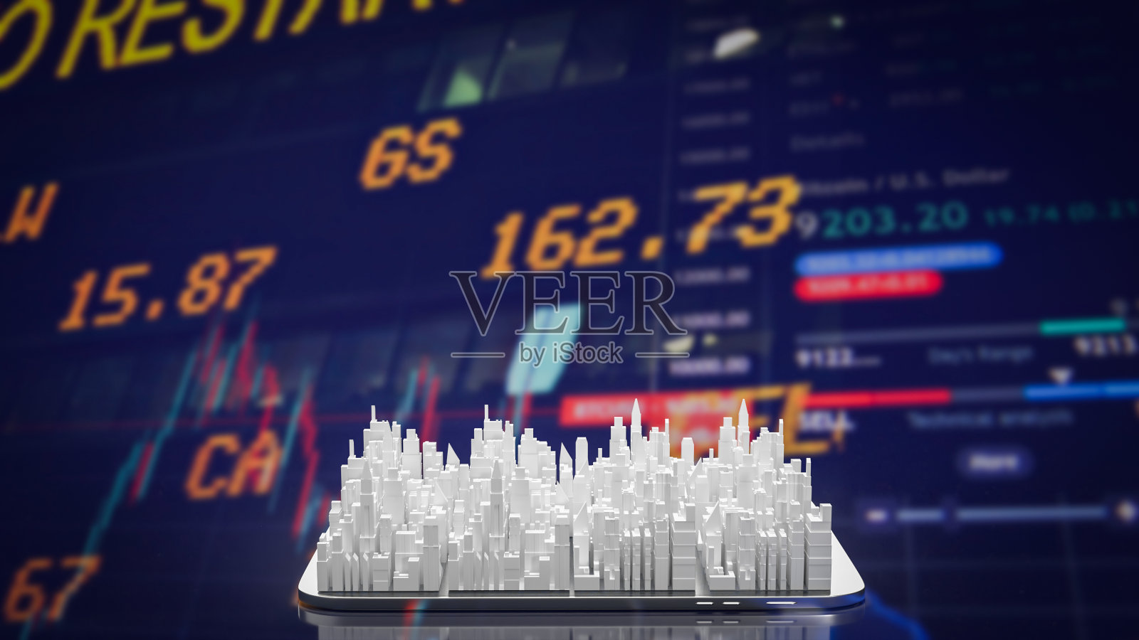 城市在移动上的图表背景为业务概念3d渲染照片摄影图片