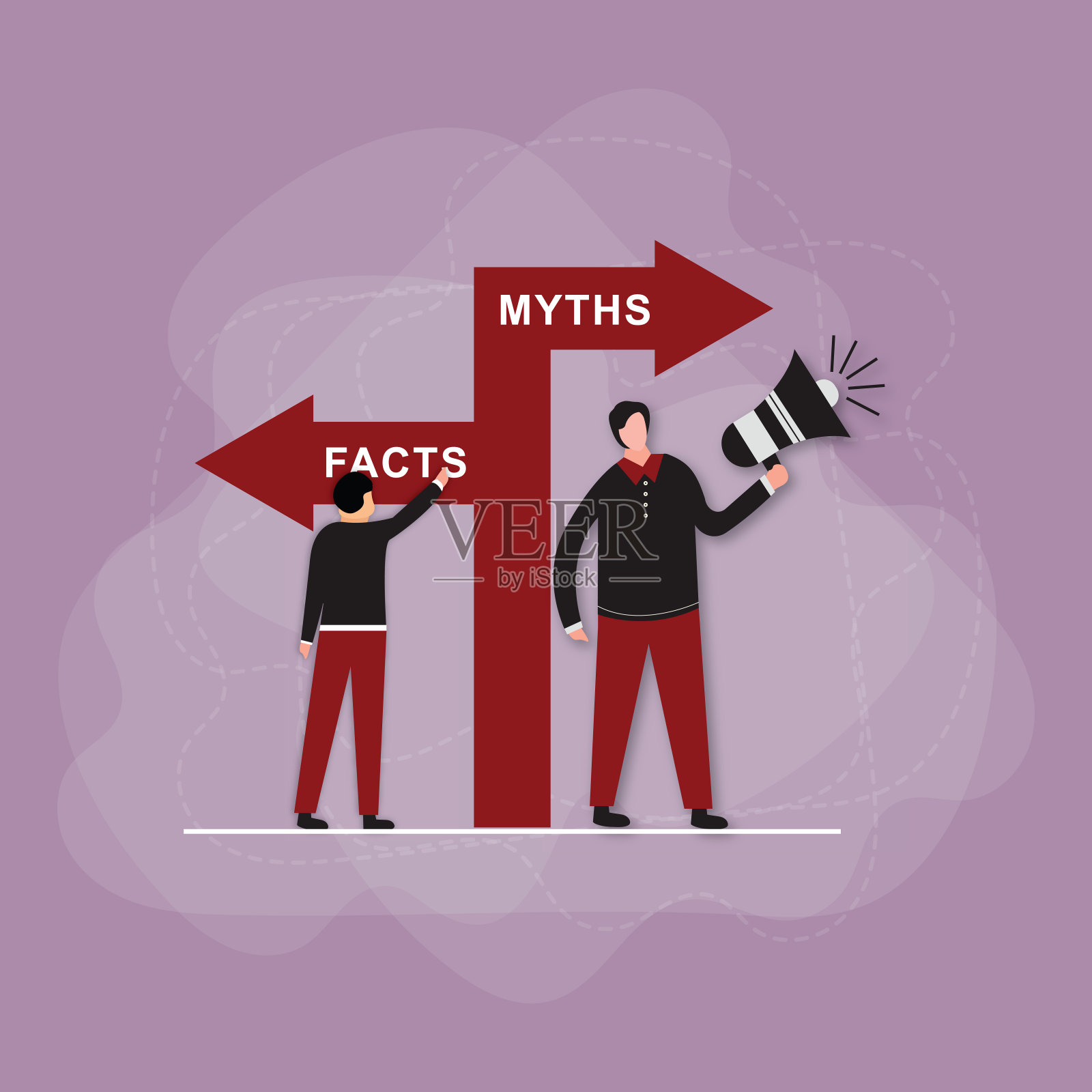 神话与事实扁平小人概念商人与方向性标志事实与神话验证谣言场景假新闻与信任和诚实的数据源插画图片素材