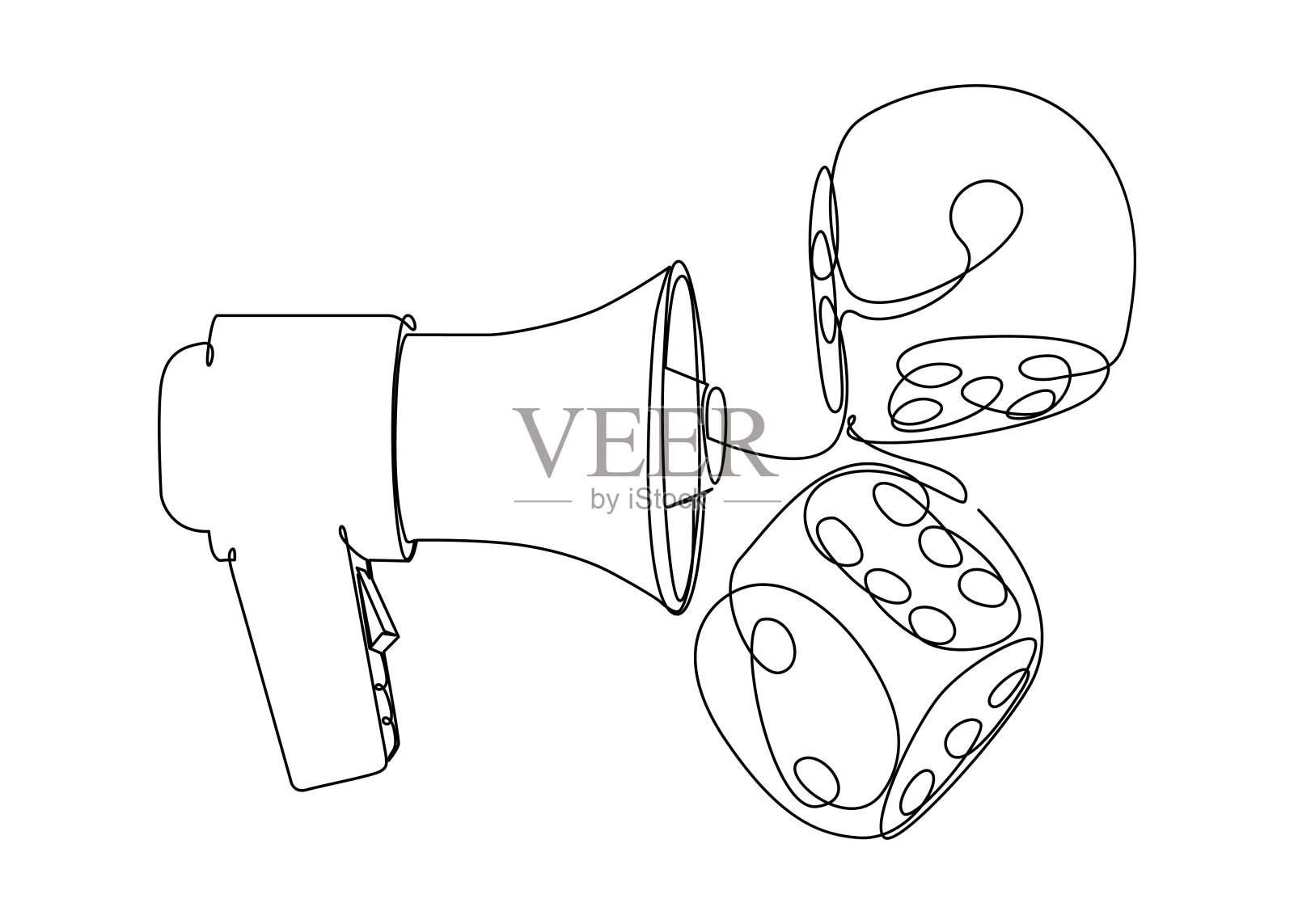 用骰子连续排列的扩音器。细线插图矢量概念。轮廓图创意。插画图片素材