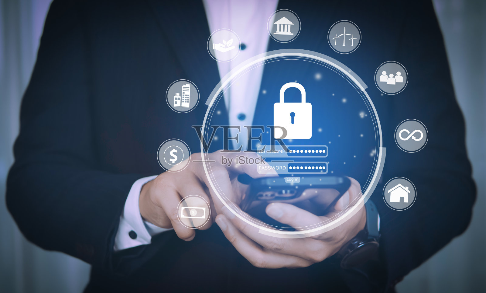 网络数据安全概念，防止在线身份盗窃，用户和密码登录可视化屏幕，数据和应用程序安全。照片摄影图片