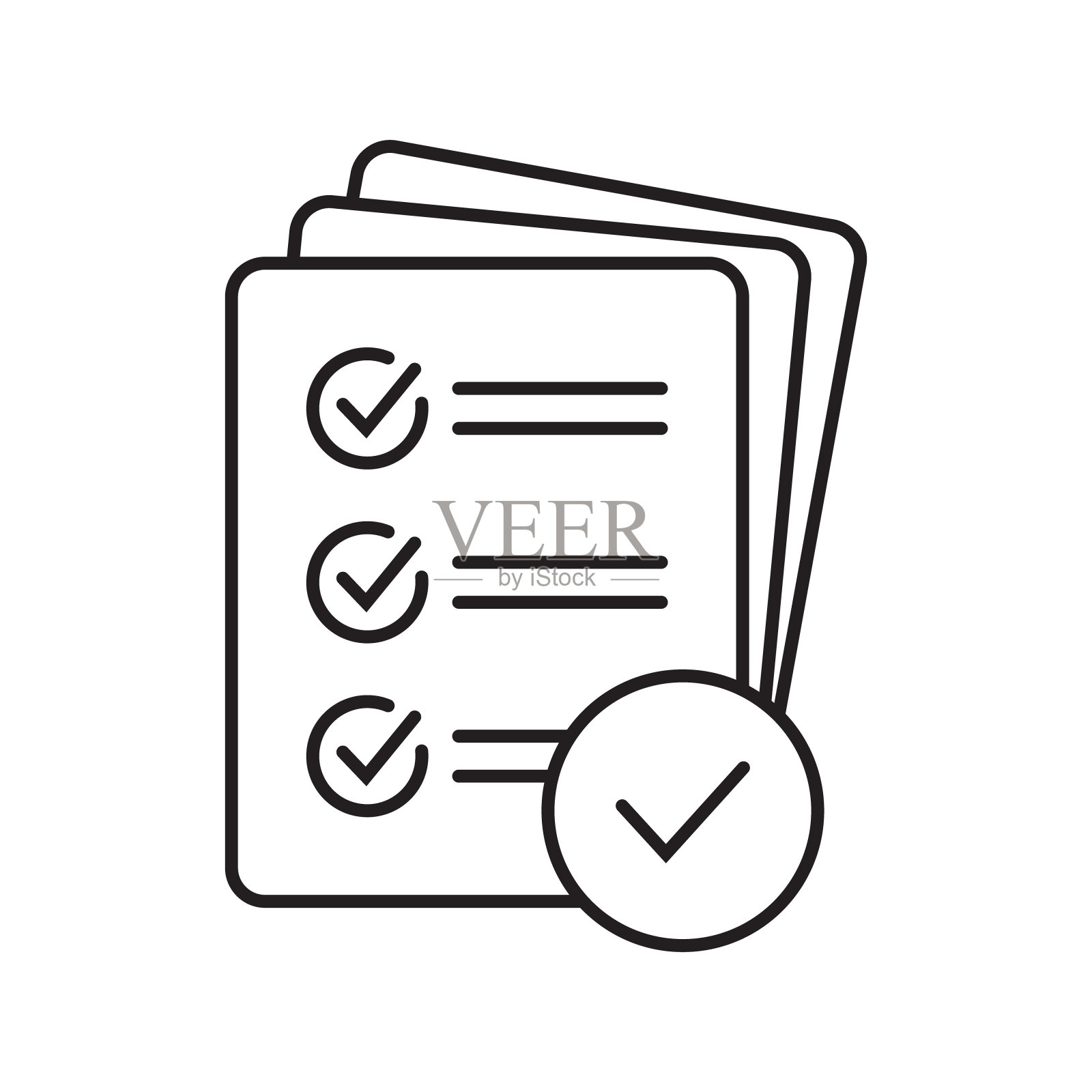 带有标记图标的细线检查表，白色背景上的报告图标。插画图片素材