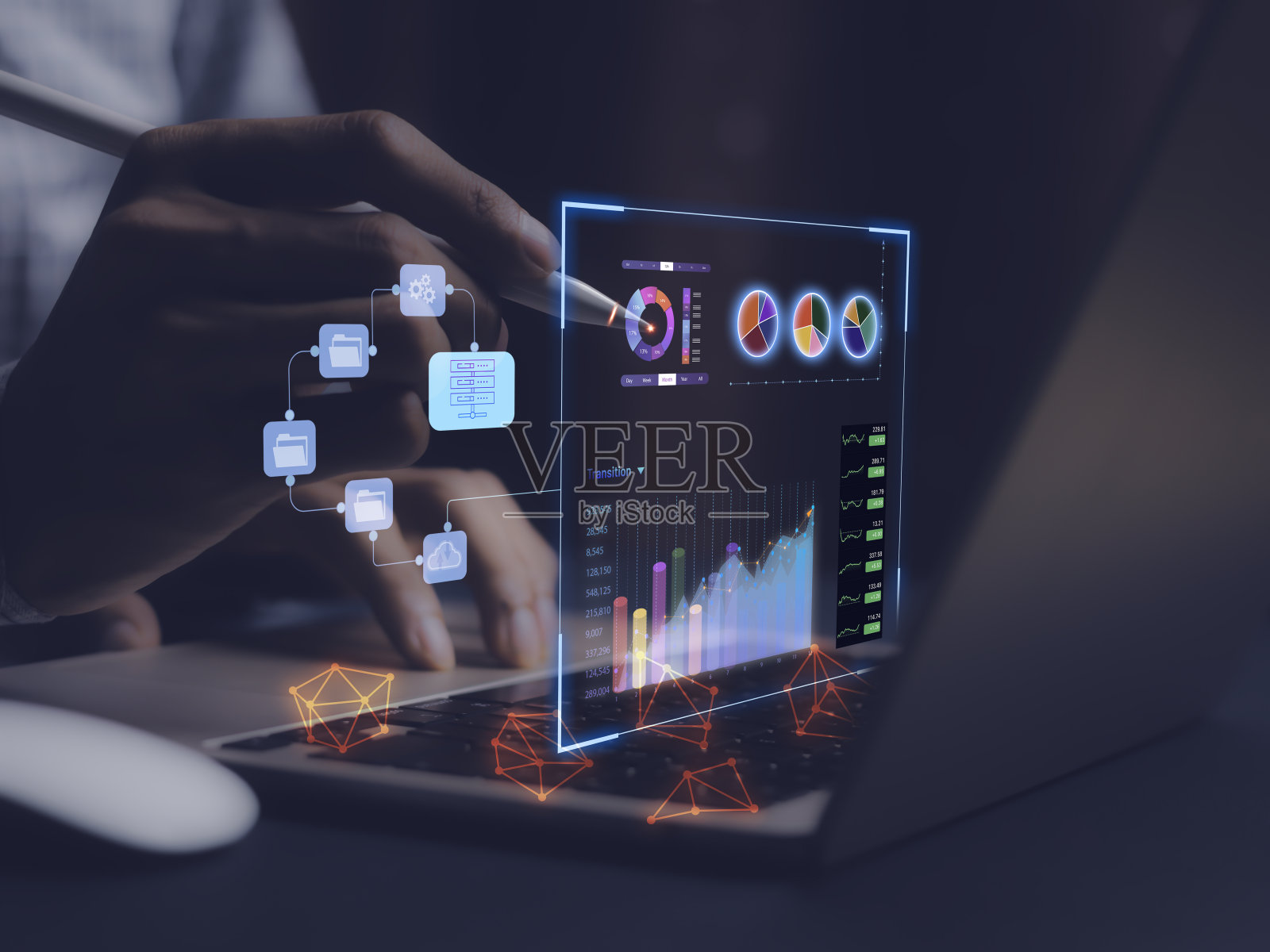 商务人员使用计算机上的业务分析和数据管理系统，在线文档管理和连接到数据库的指标。公司财务、运营、销售战略。照片摄影图片