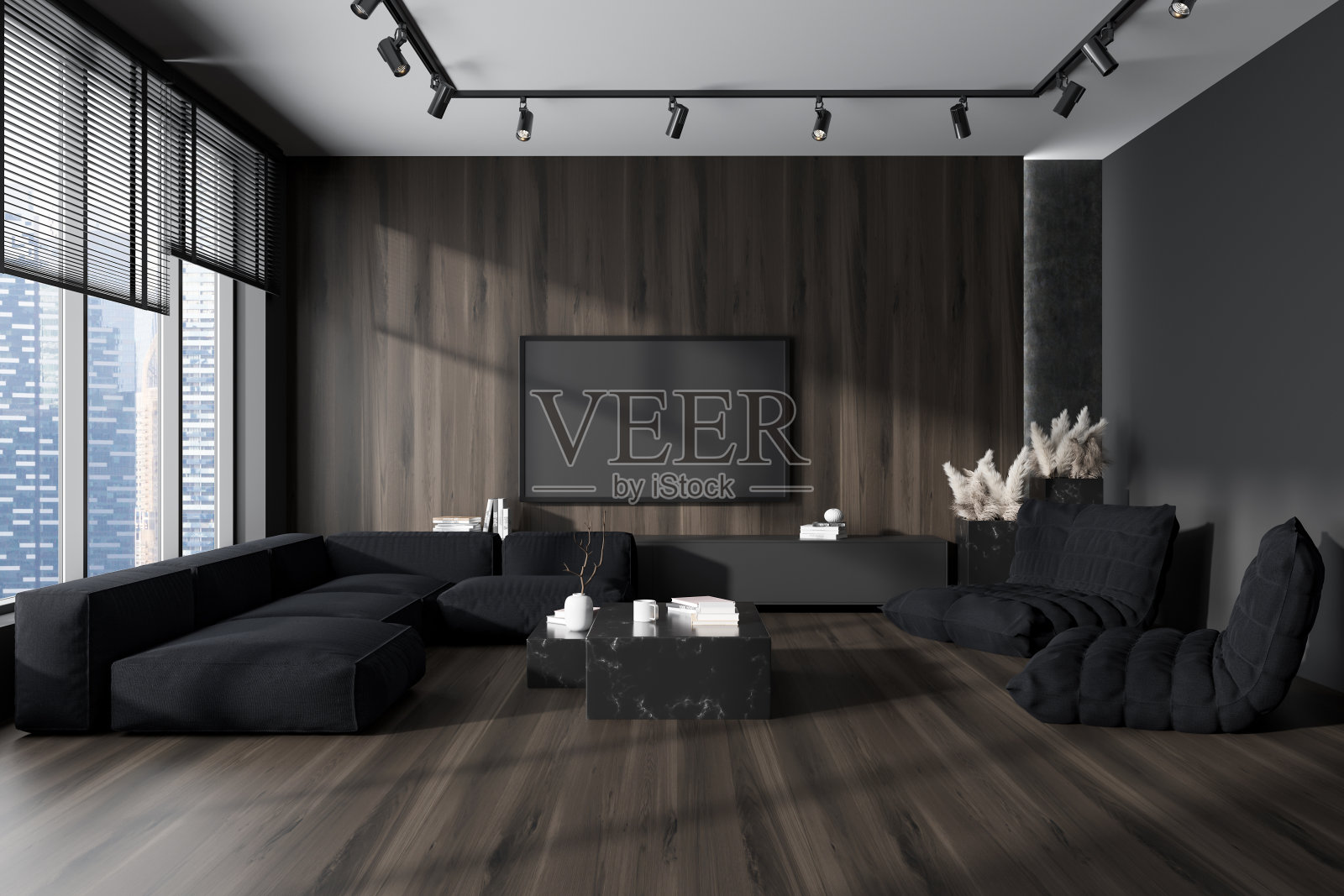 灰色会议内部有沙发和扶手椅，抽屉和电视，全景窗照片摄影图片