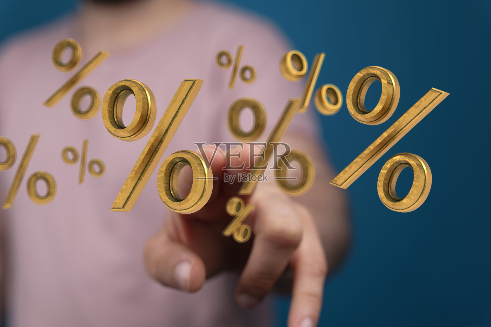 一个人的手触摸3D渲染的股票市场图标的百分比和利率的抽象镜头照片摄影图片