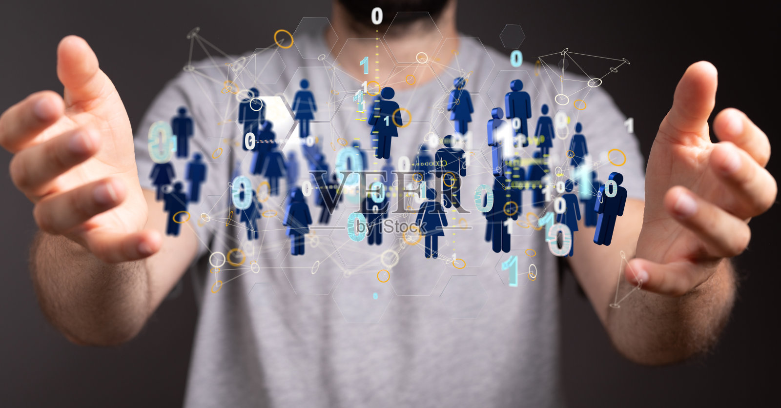 三维渲染的人类图标网络徘徊在一个男人的双手之间照片摄影图片